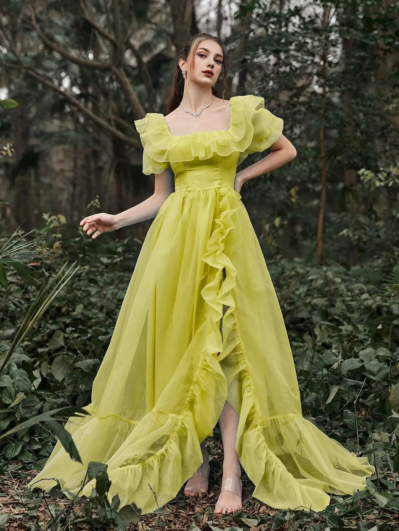 Elegant Long Evening Dresses Square Neck Ruffle Trim Puff Sleeves Dress Prom Evening Dress With Side Slit/ Evening Dresses For Women